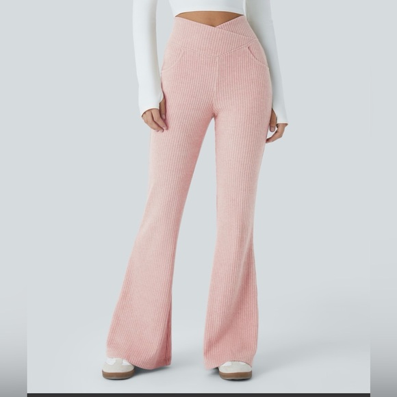 Halara Ribbed Knit High Waisted Crossover Flare Pants Tummy Control NWT - Picture 2 of 15